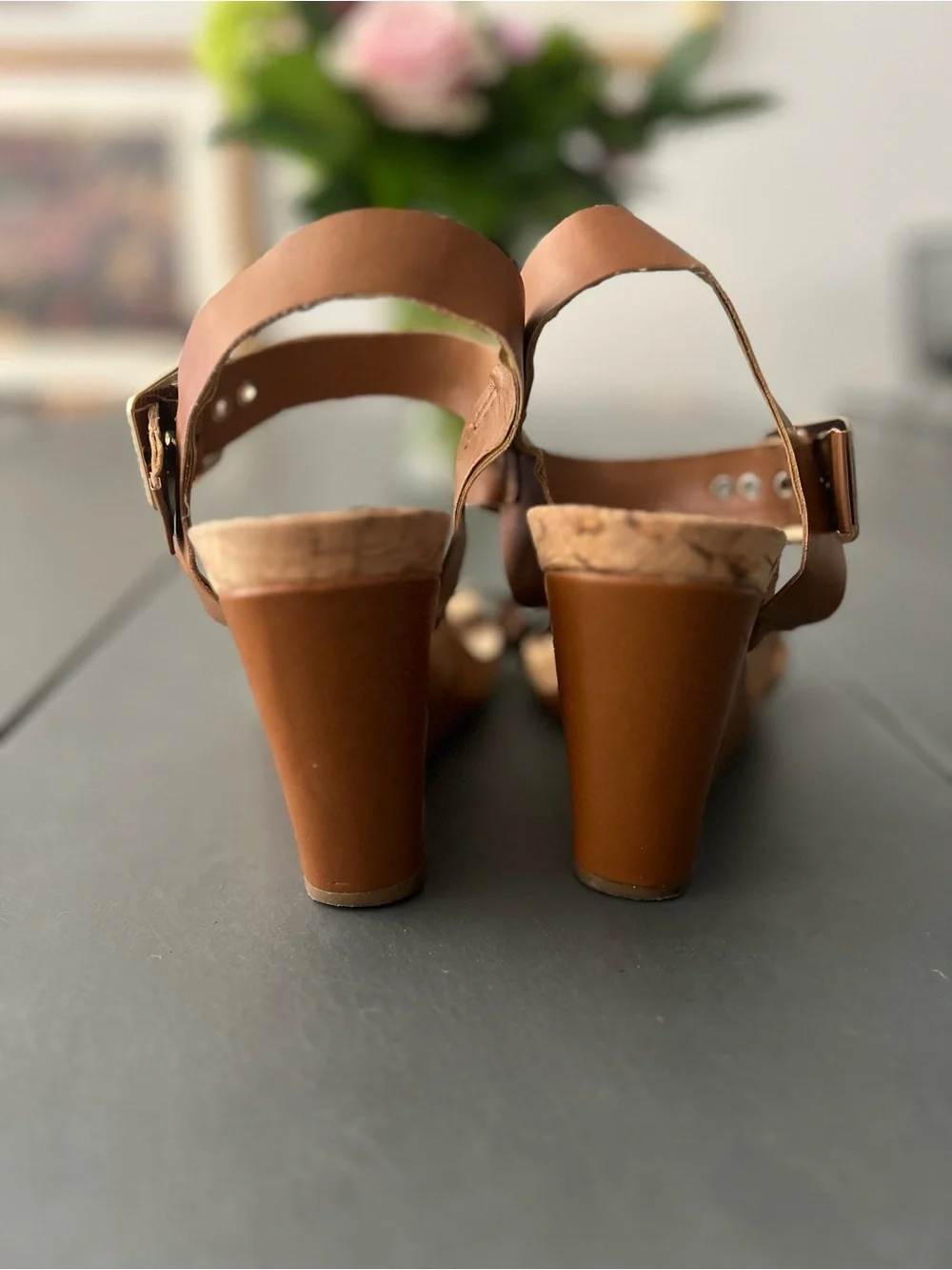 BCBGeneration Brown Cork Wedge Sandals Metallic Strap Casual Resort Size 10